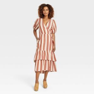 Women's Short Sleeve Wrap Dress - Knox Rose Light Beige Striped L